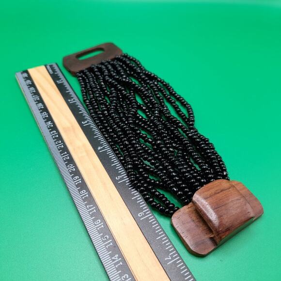 Black Beaded Wooden Clasp Bracelet, 7" by 2", 16 strands, Stretch Bracelet, - Picture 5 of 9